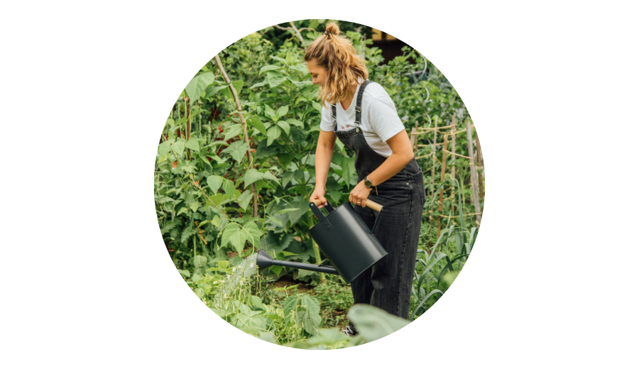 Frau gießt Pflanzen im Garten