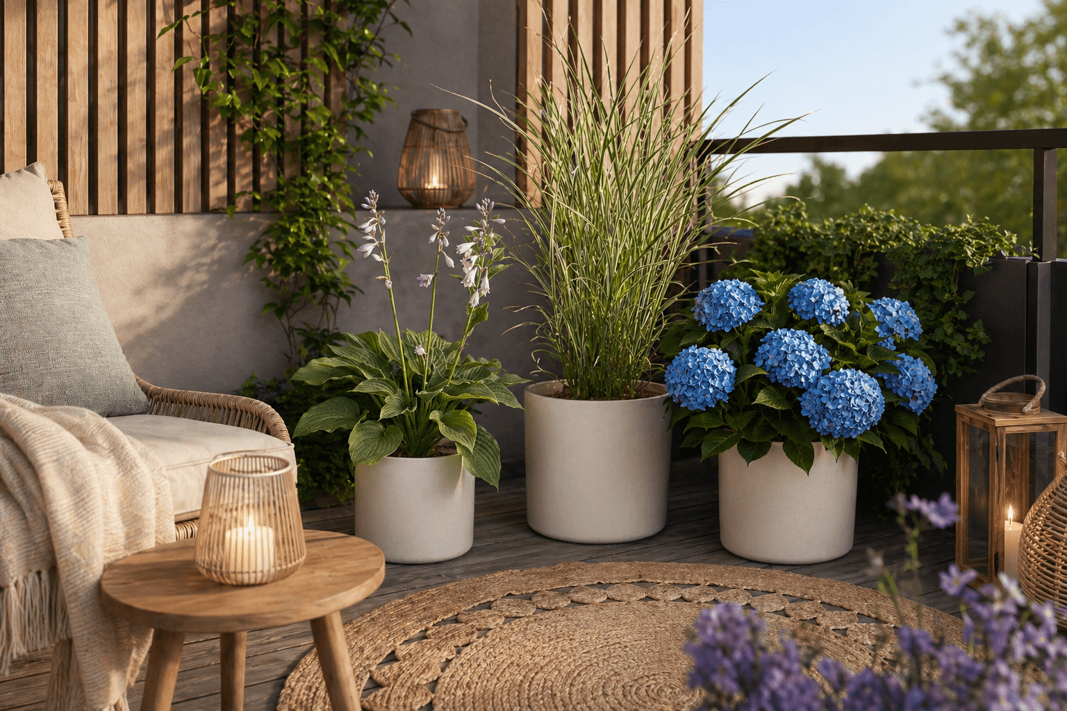Hortensie, Staude und Ziergras auf dem Balkon