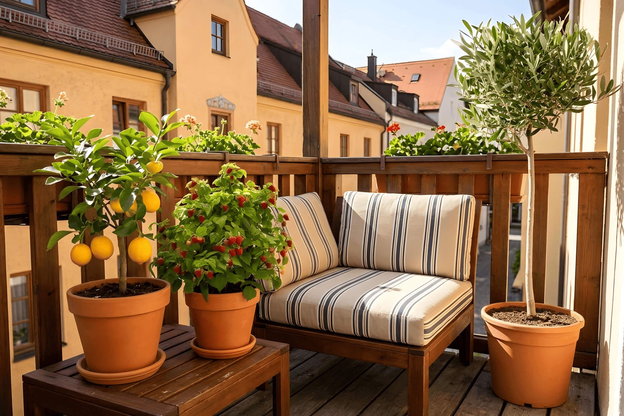 Balkonoase mit Olivenbaum, Zitronenbaum und Himbeere
