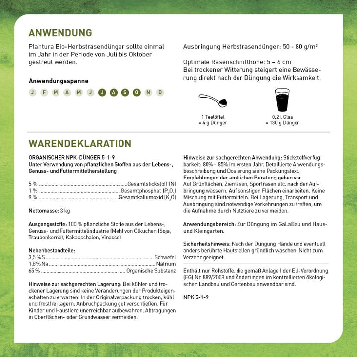 Anwendung und Warendeklaration für Herbstrasendünger