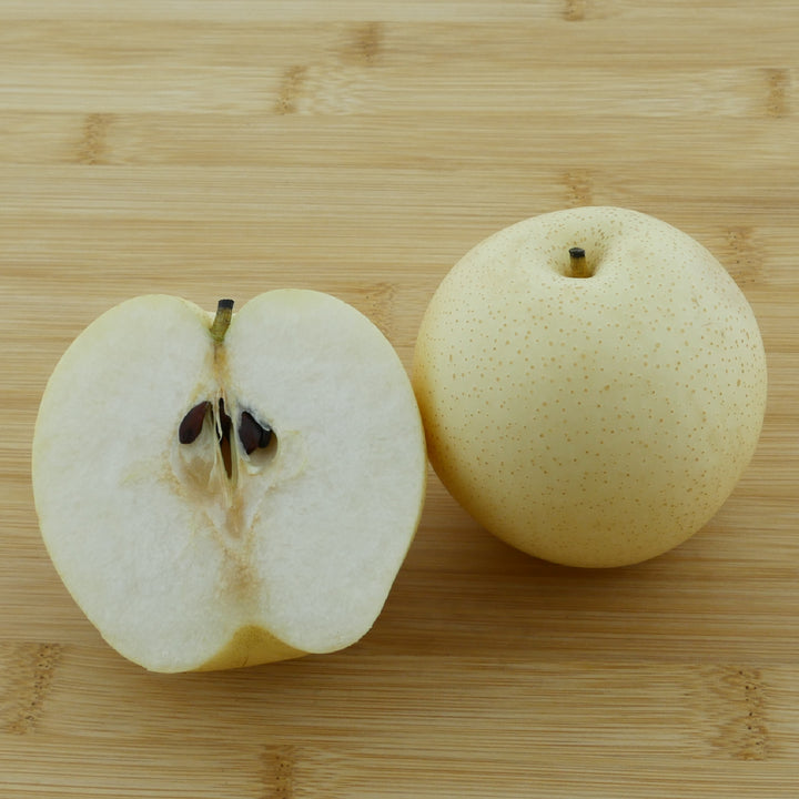 Früchte des Bio-Nashi-Birnbaums 'Kosui'