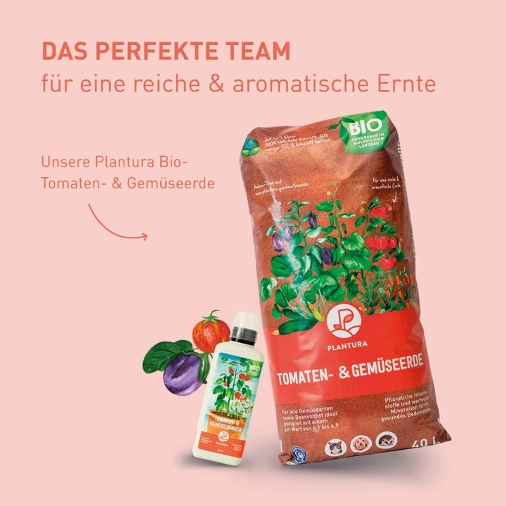 Bio-Tomatenflüssigdünger und Bio-Tomatenerde von Plantura