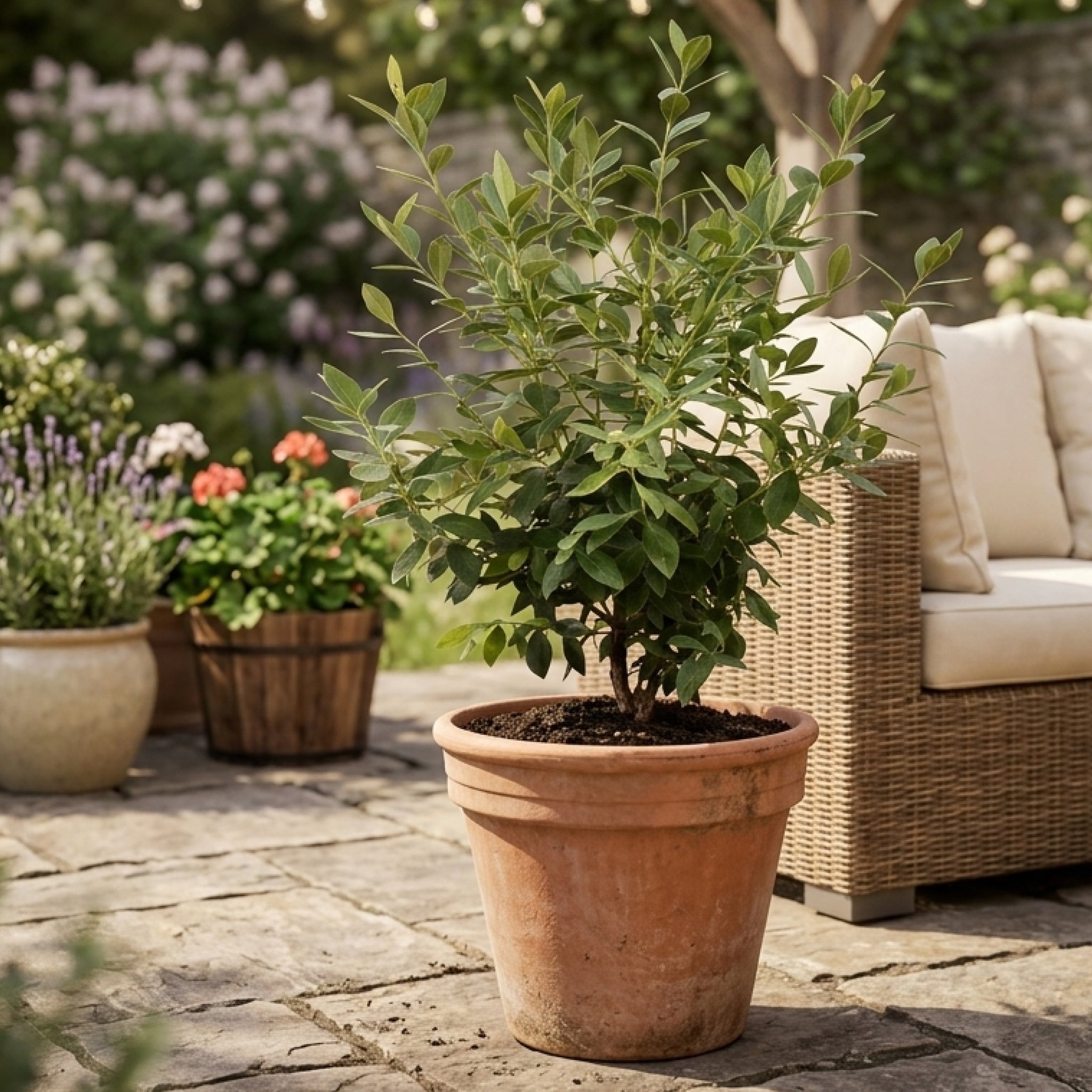Blaubeere Brazelberry® 'Berry Bonanza' im Topf auf Terrasse