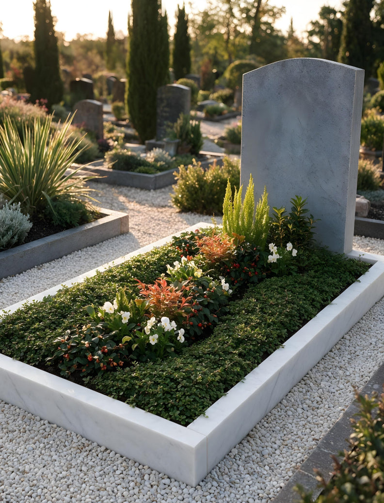 Einzelgrab bepflanzt mit `Everlasting Memories` mit weißer Marmoreinfassung Pflanzenarrangements