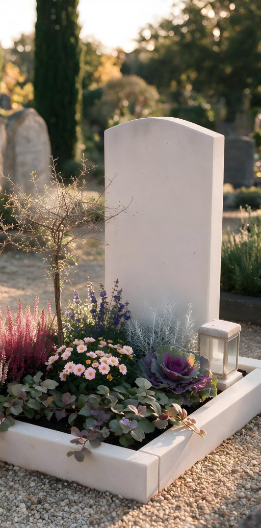 Urnengrab bepflanzt mit `Gentle Memories` Grabpflanzen