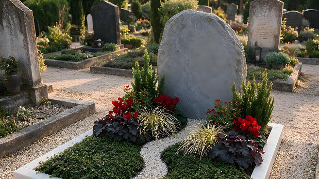 Grab mit Grabbepflanzung aus roten Blüten, Ziergräsern und Bodendeckern auf Friedhof