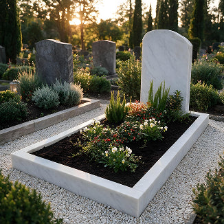 Gepflegtes Einzelgrab mit weißer Einfassung, Bepflanzung auf dem Friedhof