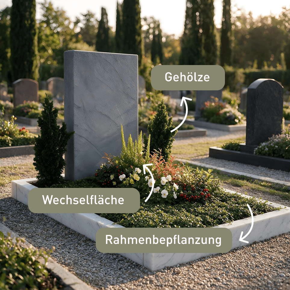Grabbepflanzung mit Saisonpflanzen, Gehölzen und Rahmenbepflanzung