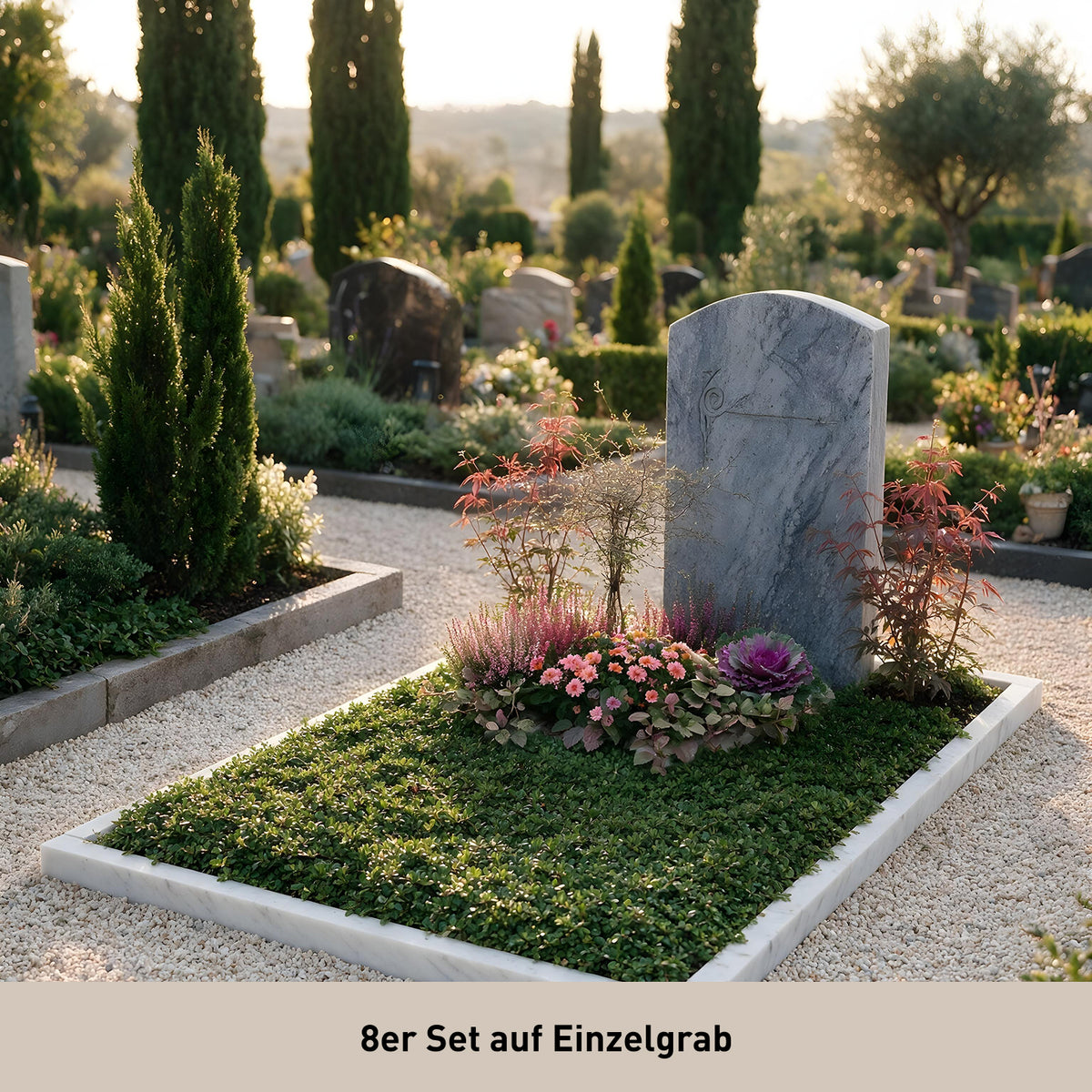 Einzelgrab mit 8er-Pflanzset bepflanzt mit `Gentle Memories`
