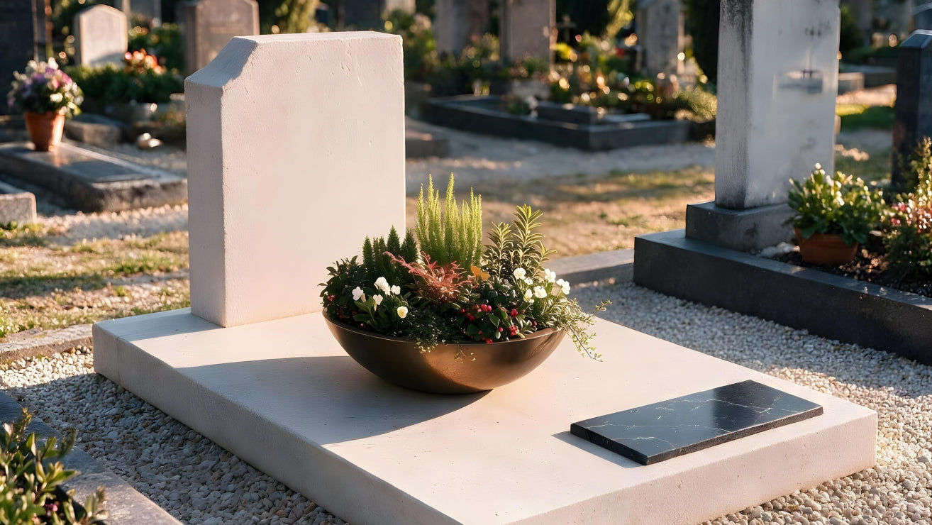 Bepflanzte Grabschale mit Set 'Everlasting Memories' auf Grabplatte