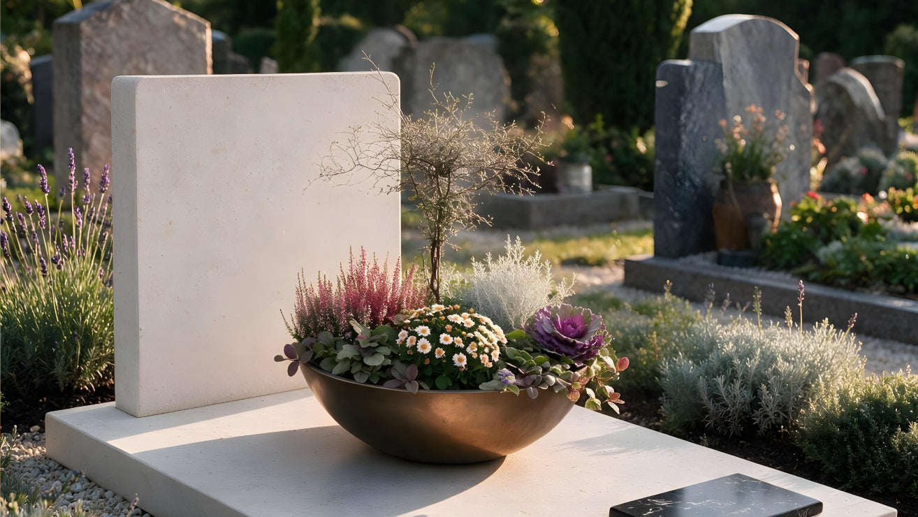 Bepflanzte Grabschale mit Set 'Gentle Memories' auf Grabplatte
