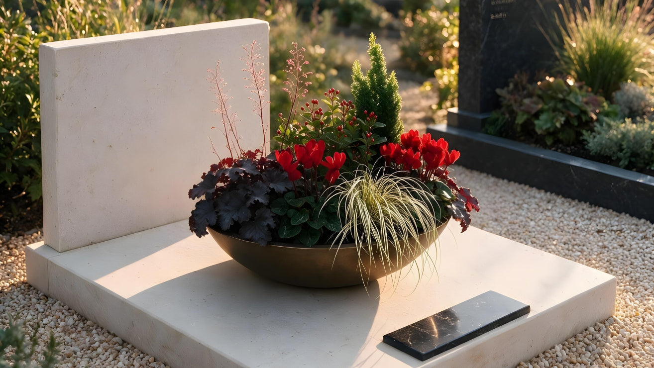 Bepflanzte Grabschale mit Set 'Loving Memories' auf Grabplatte