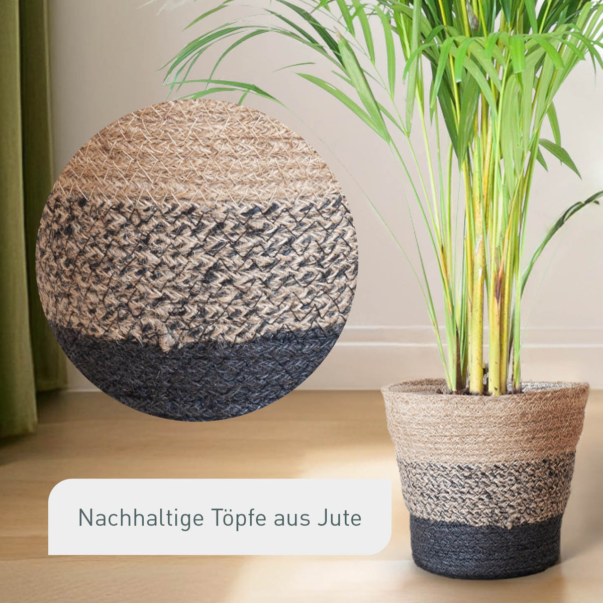 Jute Übertopf Sardinien in Schwarz-Natur mit Palme