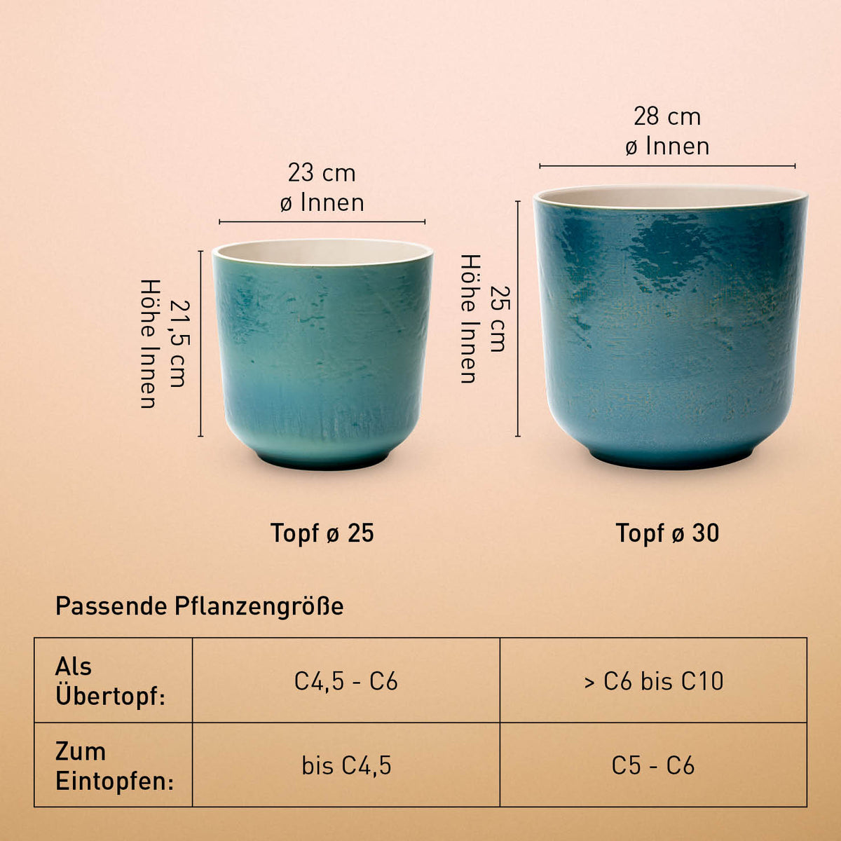 Größe des Keramik Übertopfes Petrol für draußen