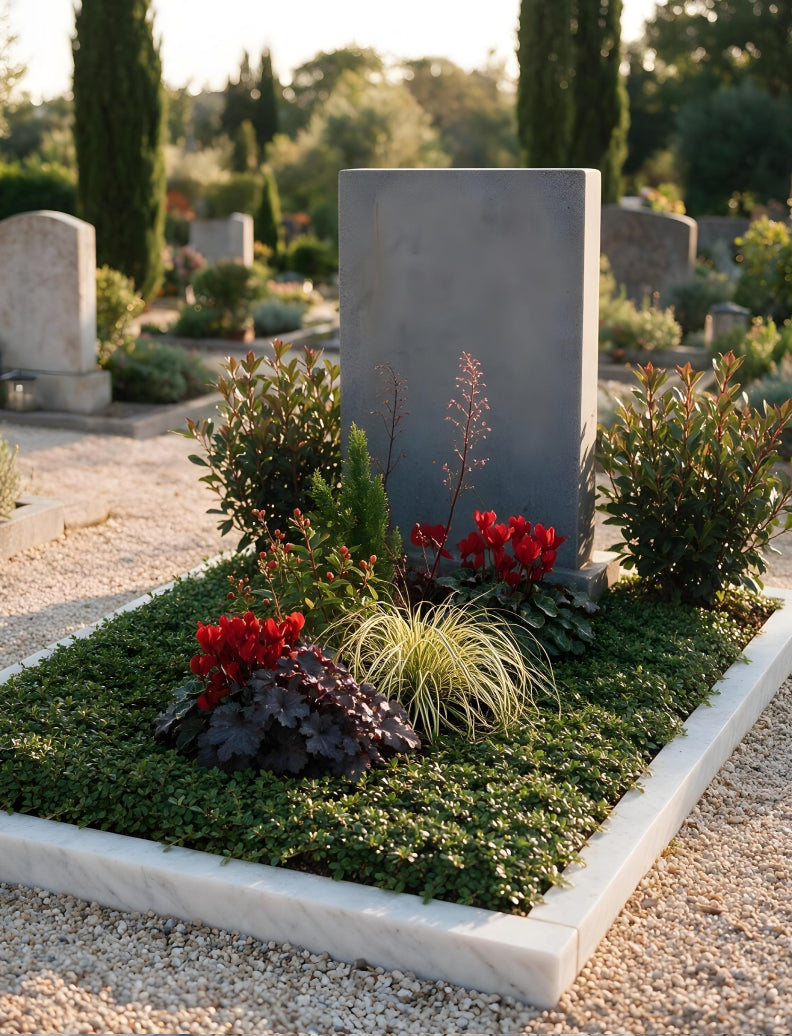 Einzelgrab bepflanzt mit `Loving Memories` aus Cyclamen und Ziergehölzen