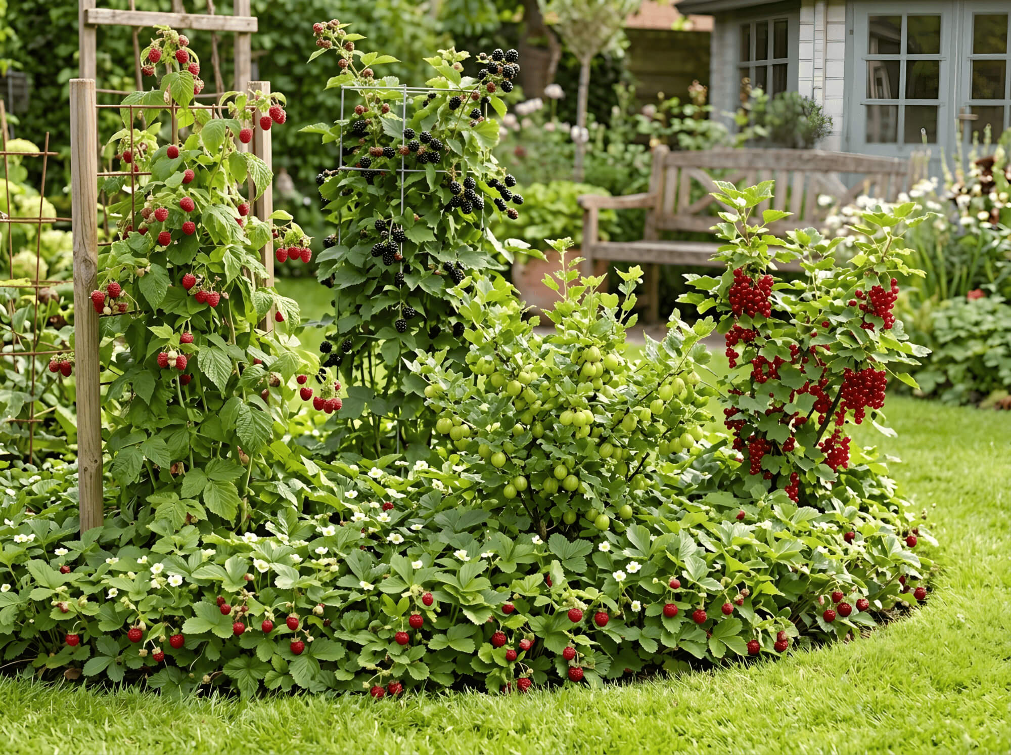 Beerenbeet Gestaltung mit Himbeere, Johannisbeere, Erdbeere