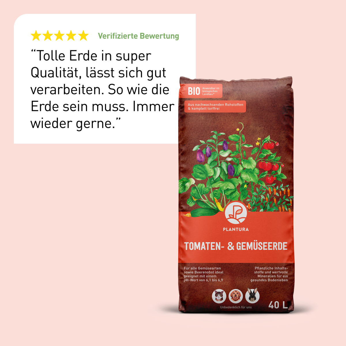 Kundenbewertung für Plantura Bio Tomaten- und Gemüseerde mit 5 Sternen und positivem Erfahrungsbericht