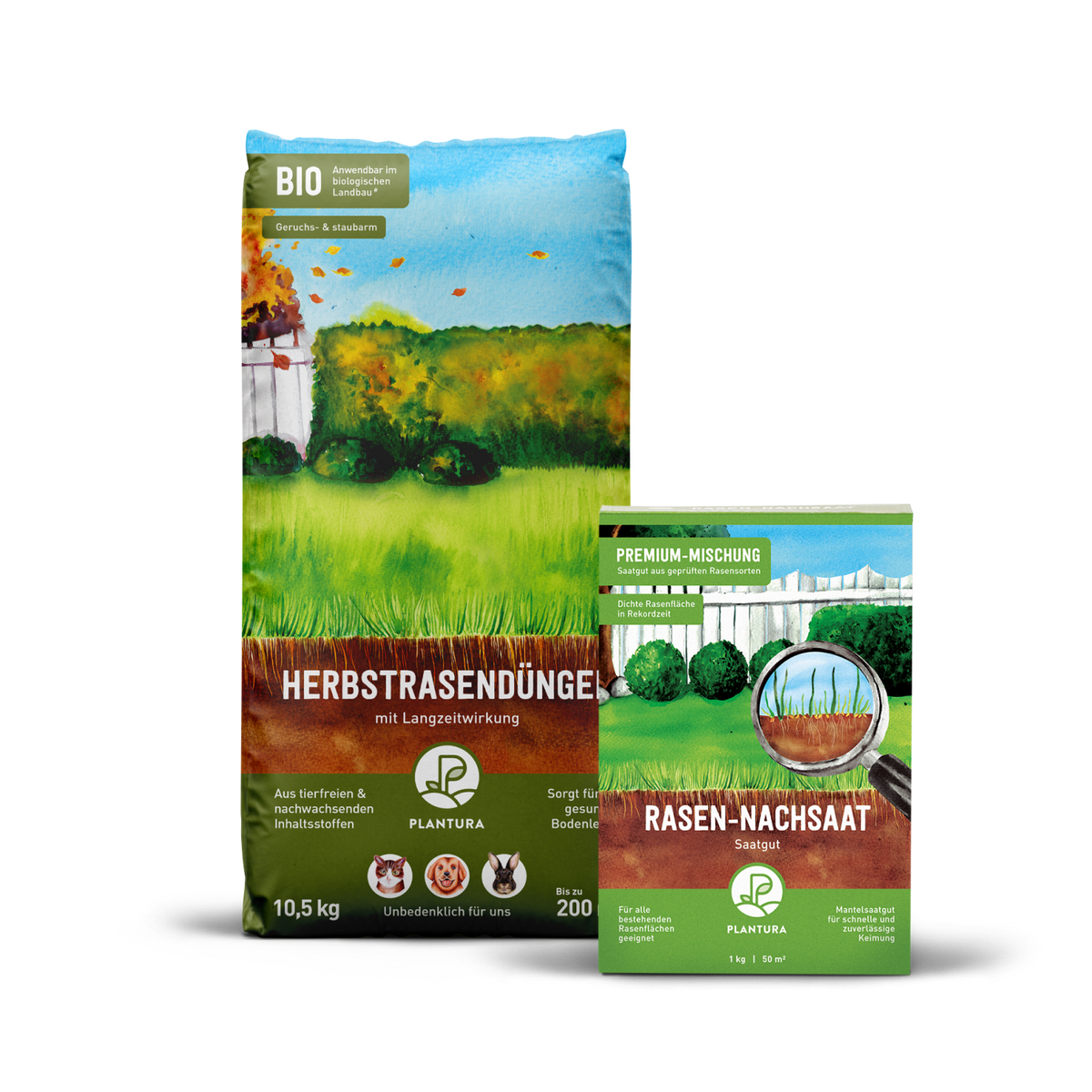 Plantura Bio Herbstrasendünger Sack und Schachtel Rasen-Nachsaat Saatgut im Set