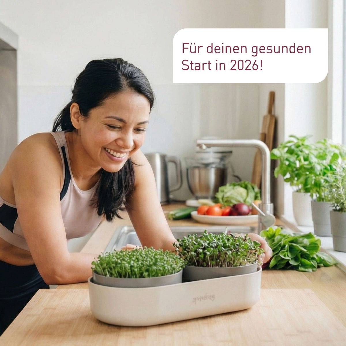 Frau erntet Sprossen für gesunden Lifestyle