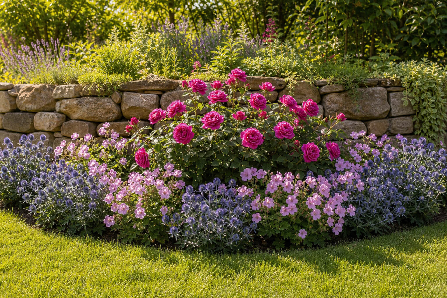 Sonniges Beet mit Rosen und Stauden vor Trockenmauer