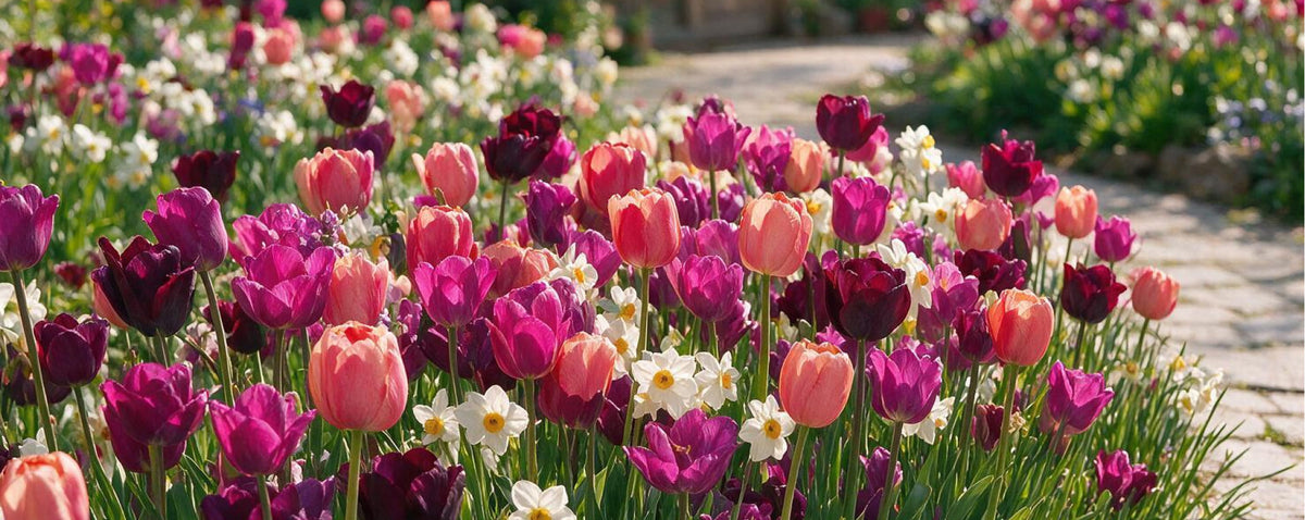 Blühende Tulpen und Narzissen im Garten