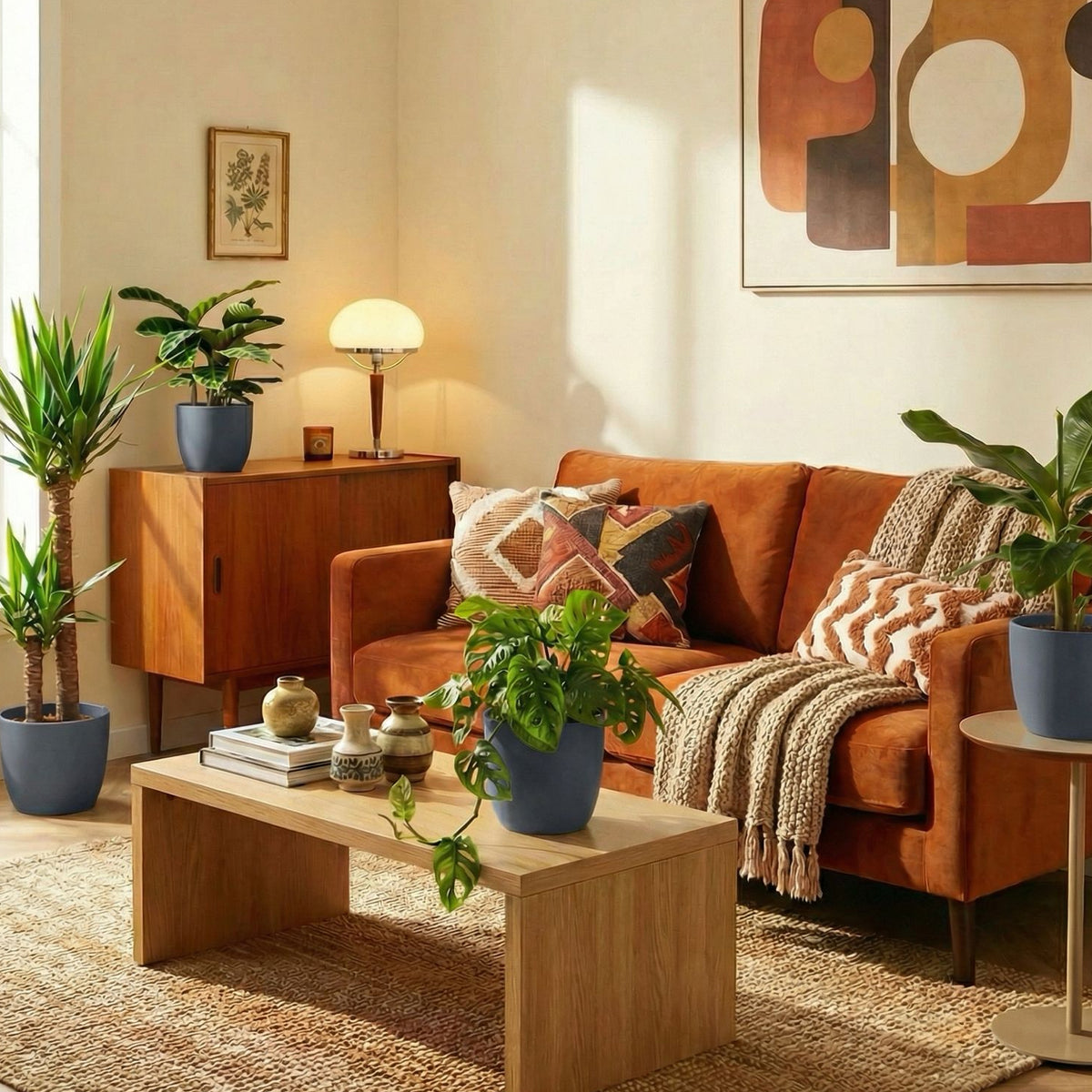 Zimmerpflanzen mit grauem Eco-Mineral Übertopf im Wohnzimmer