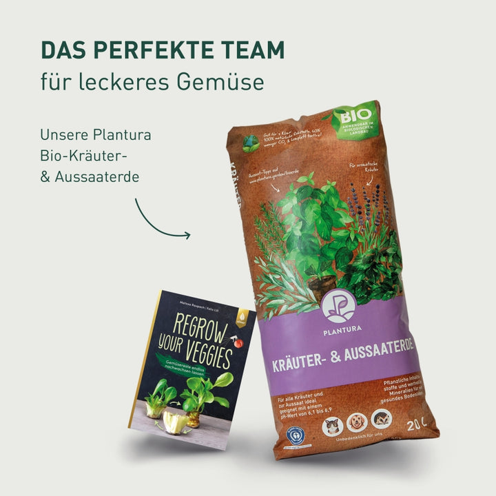 Buch Regrow your Veggies und Plantura Bio-Aussaaterde